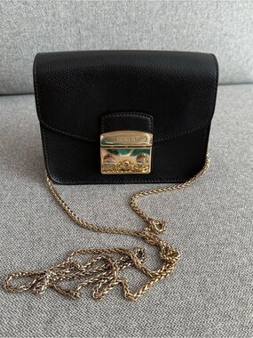 Furla Black Crossbody with Gold Lock and Chain